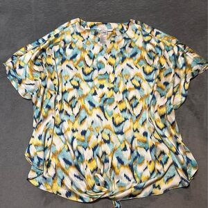 Chico's Plus Size Women’s Satin Ikat Print Poncho Lightweight Tie Front Blouse